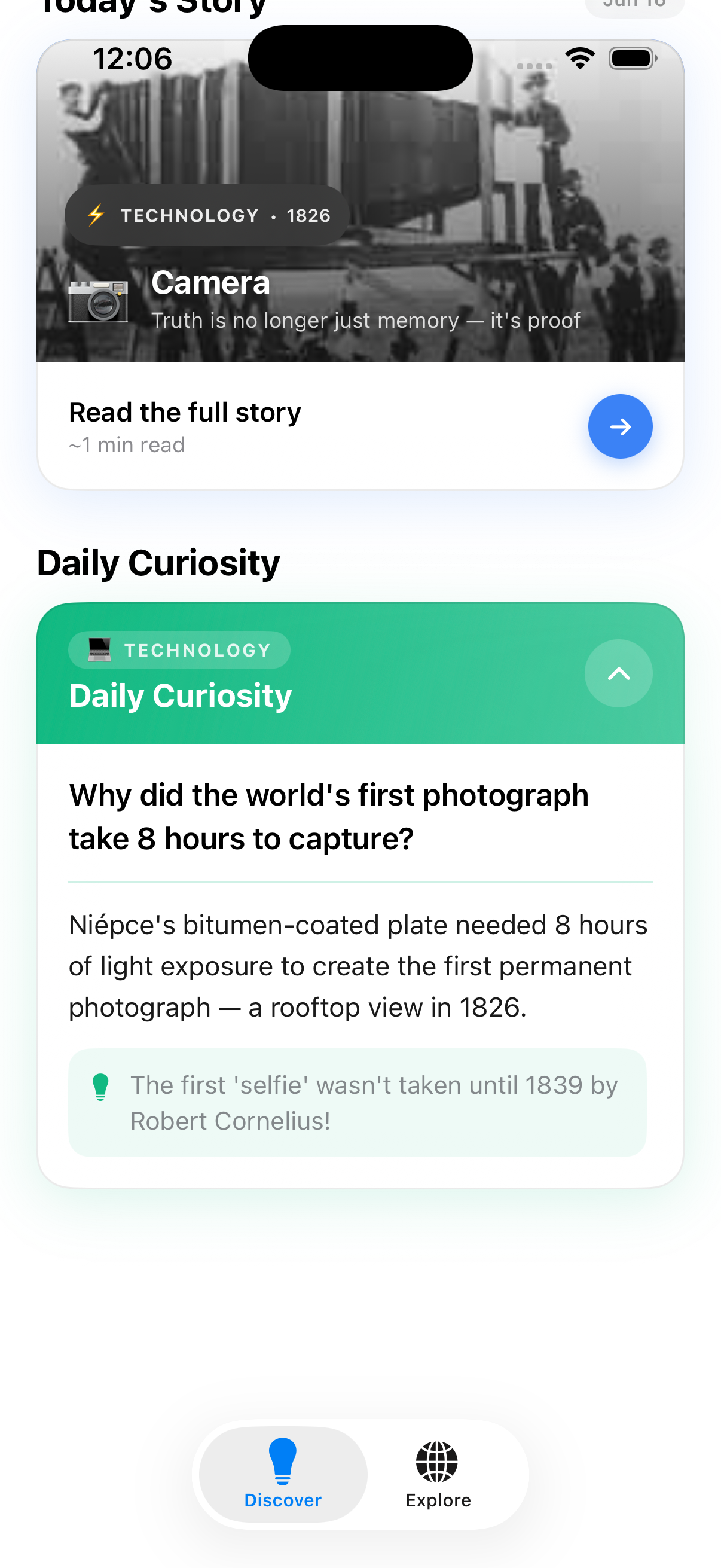 Daily Curiosity card explaining the first photograph exposure time