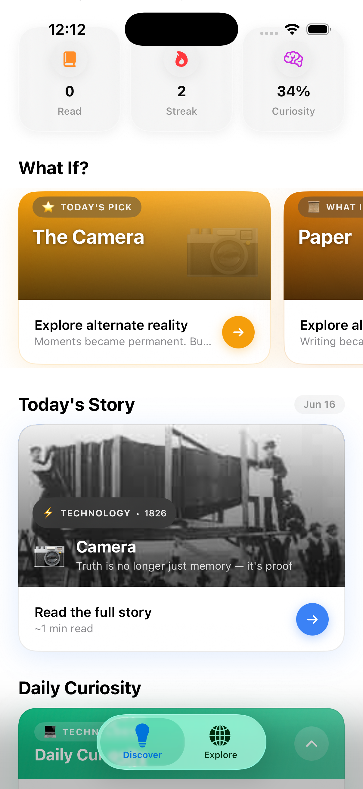 Discover screen showing today's camera story and daily curiosity card