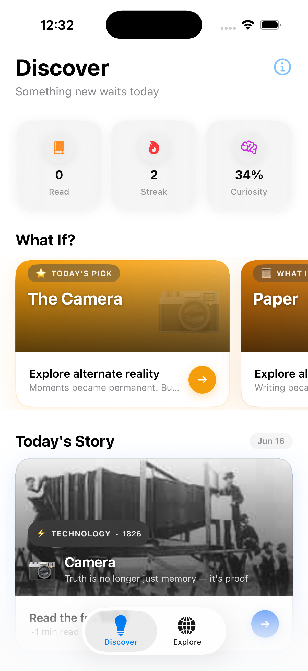 TimeLeap Discover screen showing daily stats, What If cards, and today's story