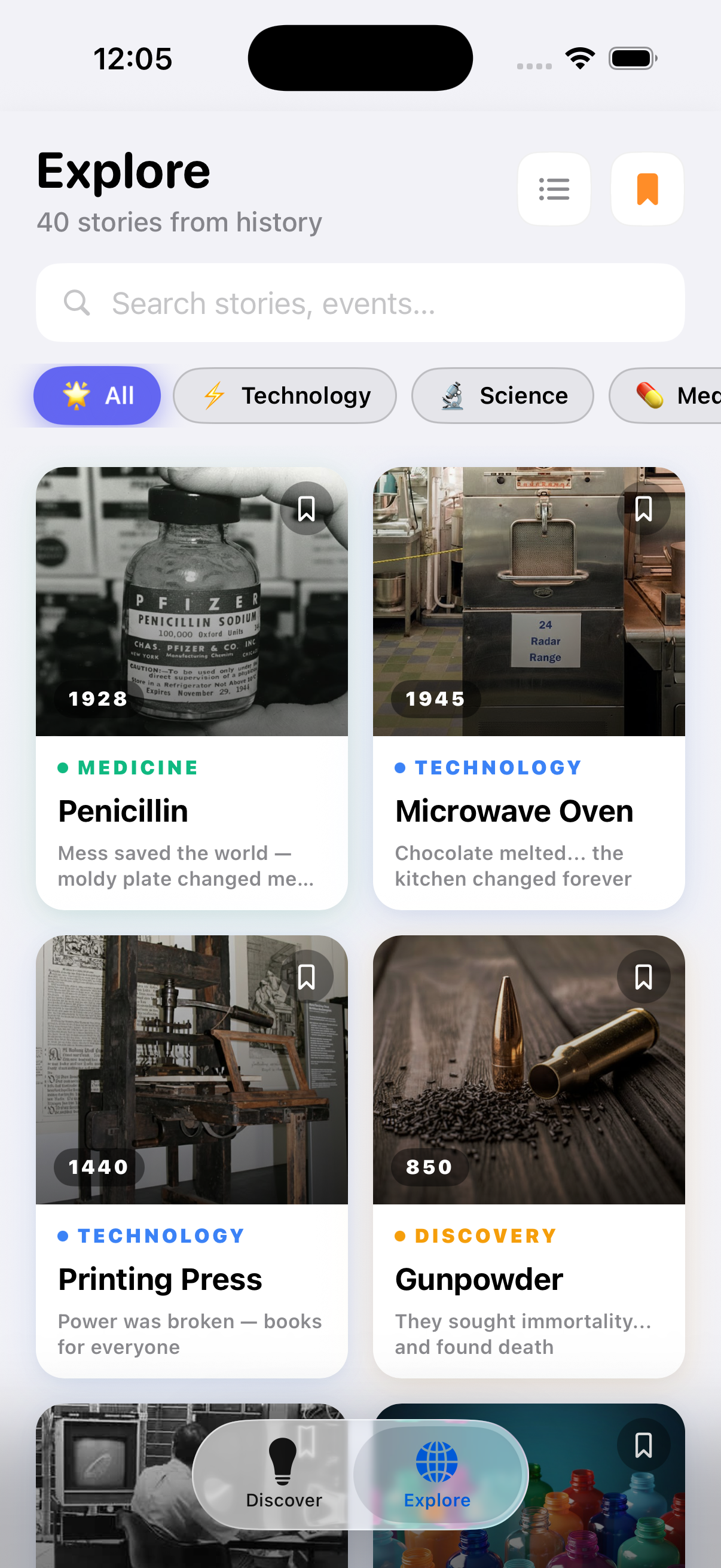 Explore screen showing searchable history story cards